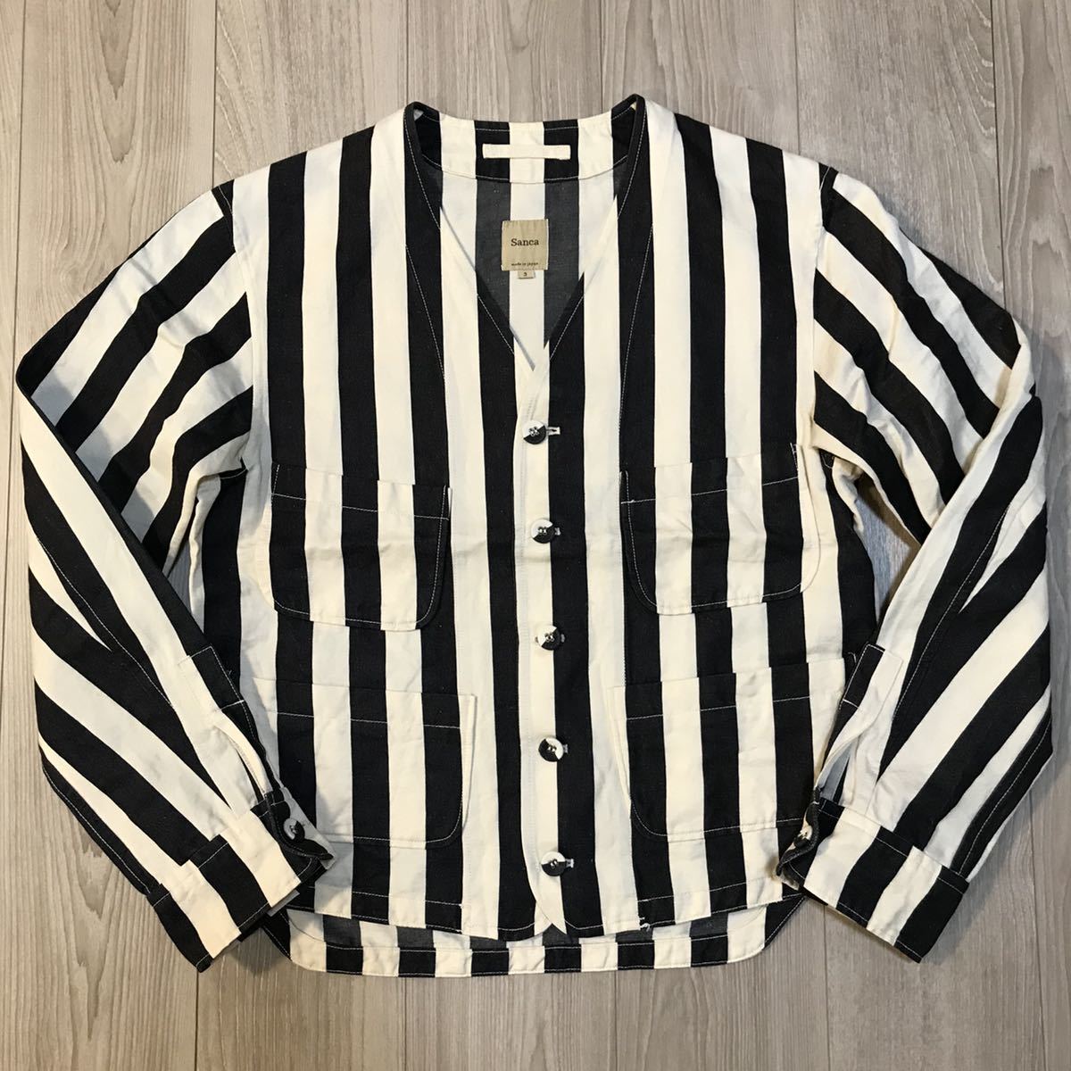 限定SALE，定番人気 サンカsancaストライプ3エンジニア ワーク シャツ ノーカラー ジャケット カーディガン デニム カバーオール ビームス プラス コートbeams(Lサイズ)｜売買されたオークション情報、yahooの商品 ジャンパー、ブルゾン一般
