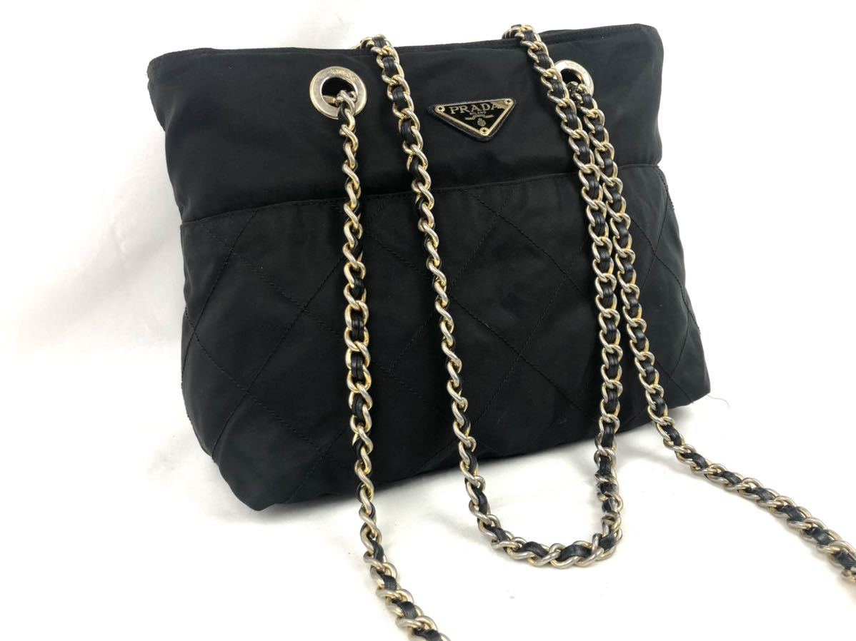 PRADA プラダ チェーンショルダーバッグ ナイロン キルティング 黒 ブラック ゴールドチェーン 