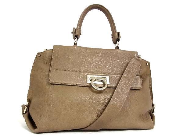 1円 ■美品■ Salvatore Ferragamo フェラガモ ガンチーニ ソフィア レザー 2WAY ハンドバッグ ショルダー 肩掛け ブラウン系 R5071アN