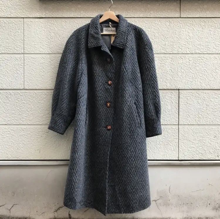 80s スペイン製 モヘアコート ウールコート ステンカラーコート ロング 