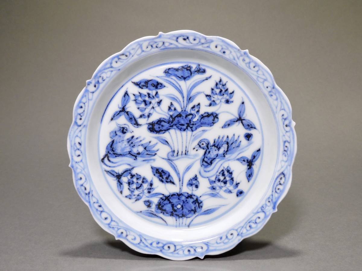 工芸品 古い中国 清朝 染付 草花文 花鳥図 小皿 5客組 中国