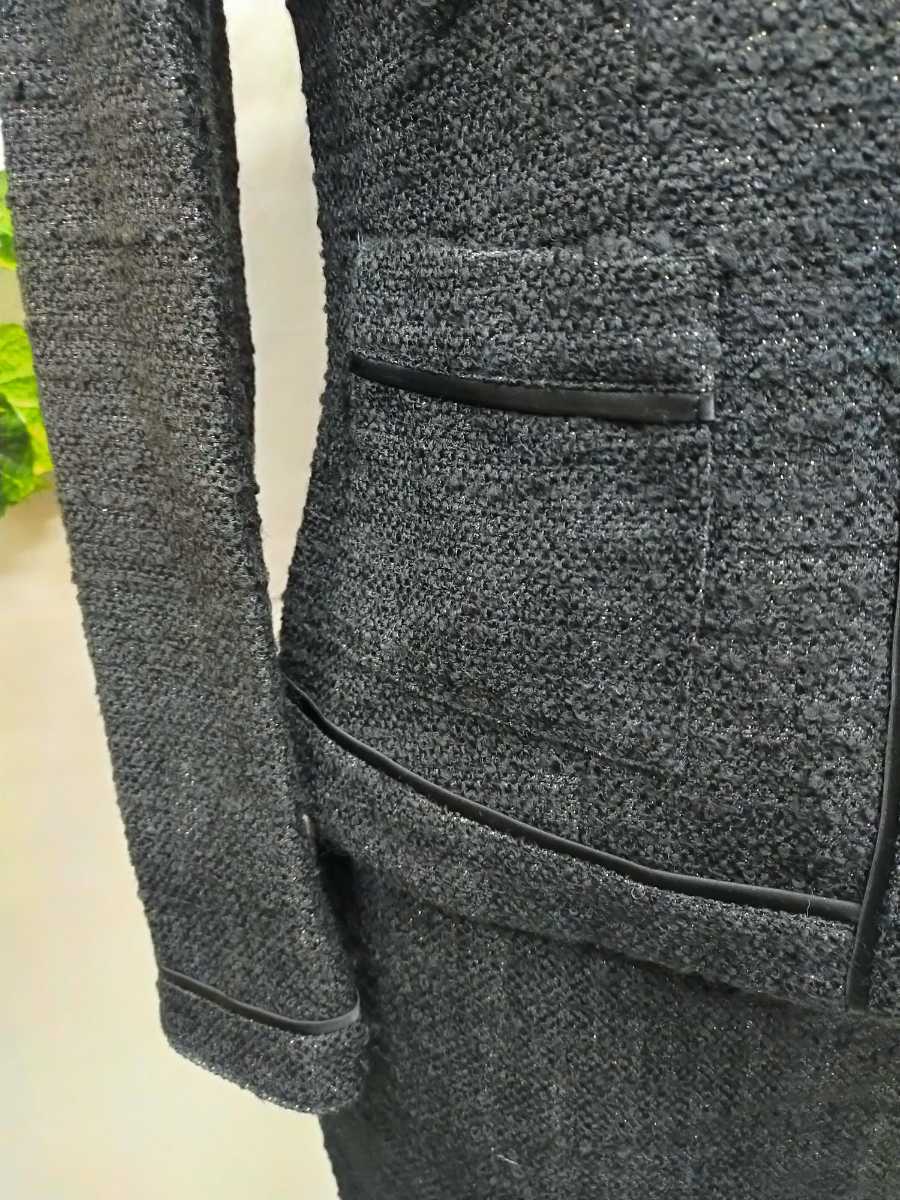 DKNY セットアップ ノーカラージャケット スーツ スカート 大きいサイズ15号～17号程度 ダナキャナン ビジュー装飾 セレモニー ノーカラージャケット（ノー 入卒&frasl;セレモニー&frasl;通勤ラメツイード ノーカラージャケットの通販 ラメ 黒 from セレモニースーツラメツイード