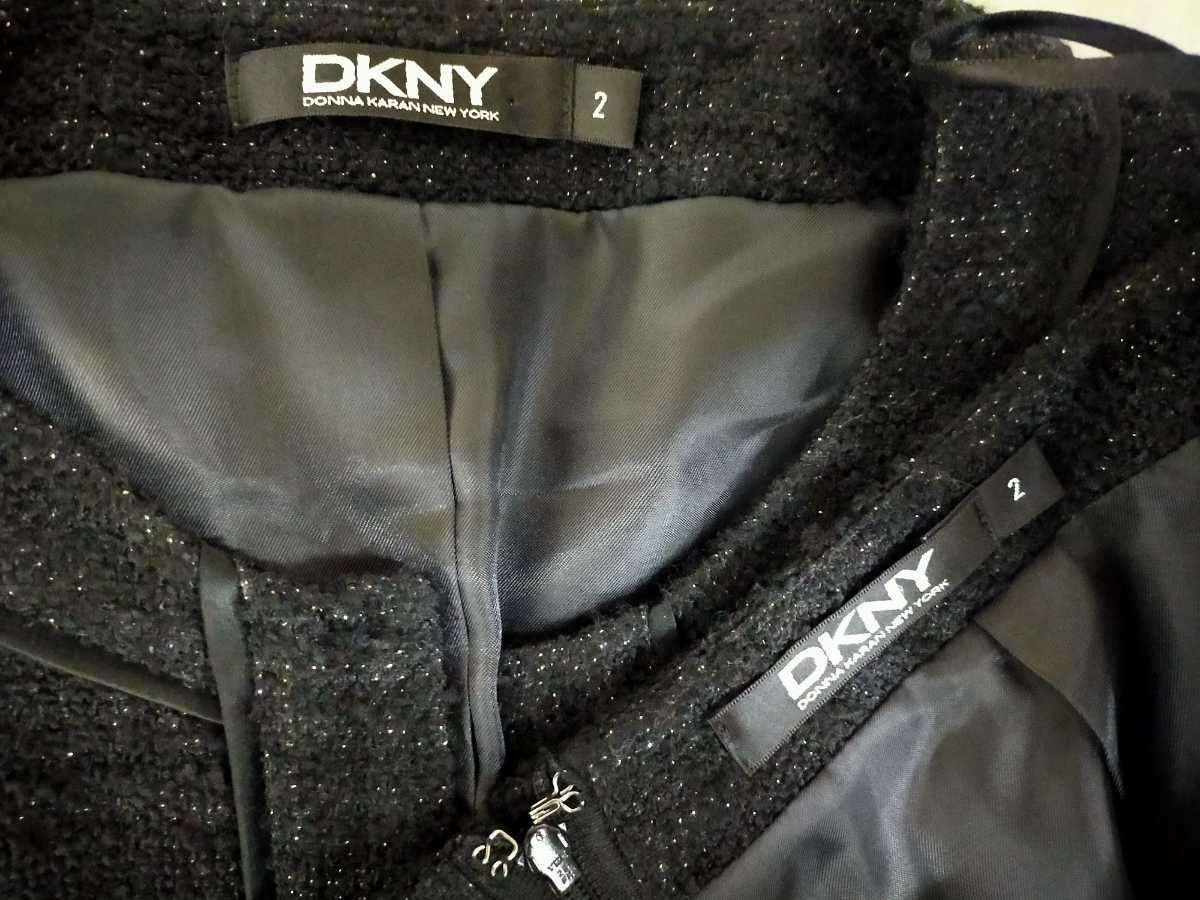 DKNY セットアップ ノーカラージャケット スーツ スカート 大きいサイズ15号～17号程度 ダナキャナン ビジュー装飾 セレモニー ノーカラージャケット（ノー 入卒&frasl;セレモニー&frasl;通勤ラメツイード ノーカラージャケットの通販 ラメ 黒 from セレモニースーツラメツイード