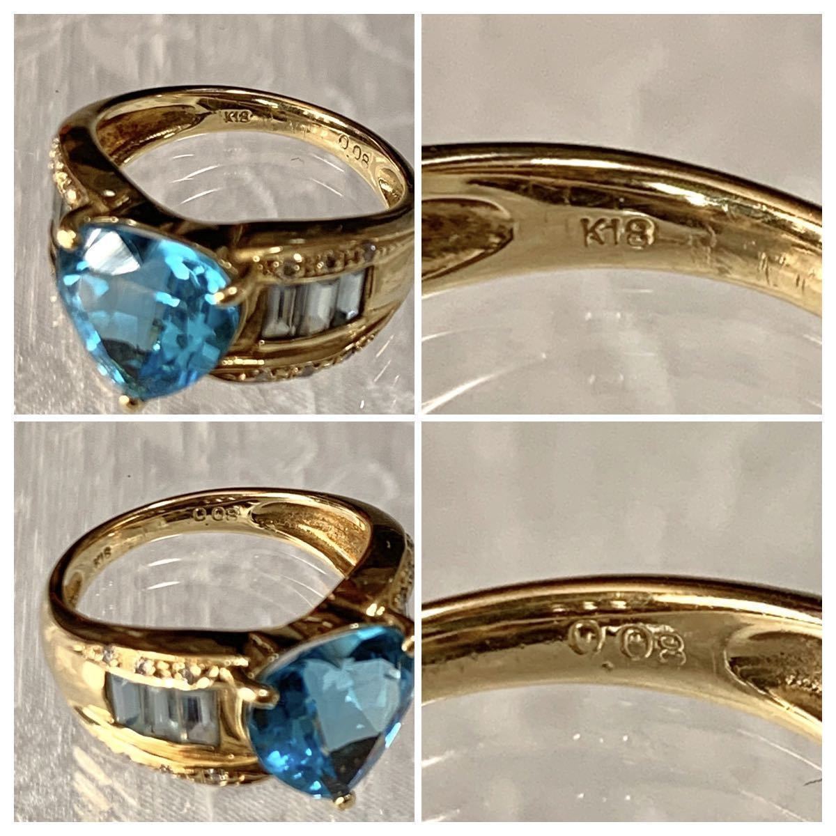 K18 約5.9g 12号 ブルートパーズ ダイヤ0.08 ハートシェイプ リング  