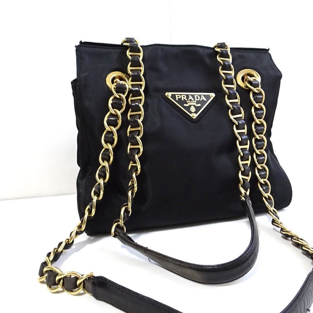 1円 美品 PRADA プラダ チェーンショルダーバッグ ナイロン ブラック 