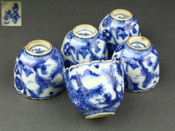 染付 古伊万里 花鳥文 三客組 蓋付き 【流】古美術品 染付蓋茶碗十客 KE462