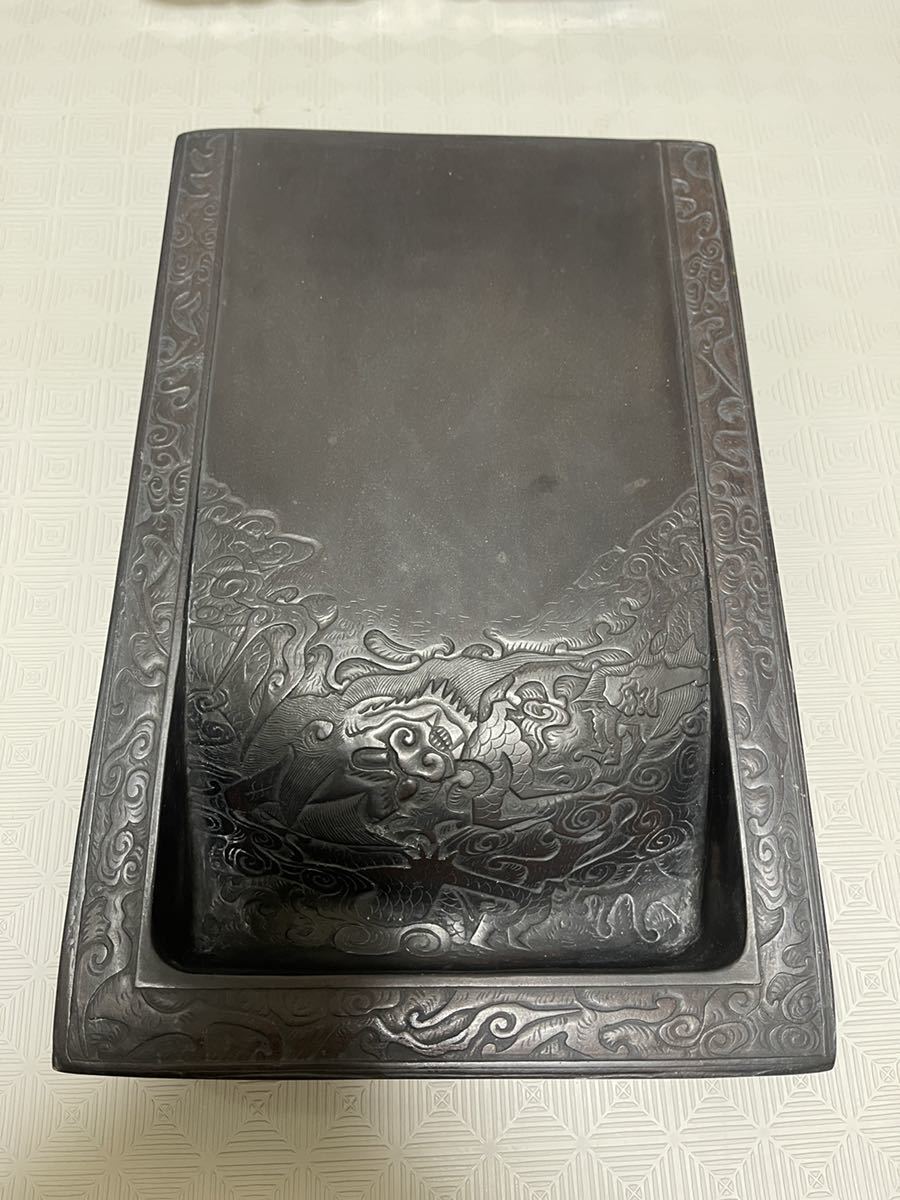 中国 硯 古端 端渓硯 文房四宝 清 老 端渓硯 雲龍彫刻 漢詩 大型 希少 