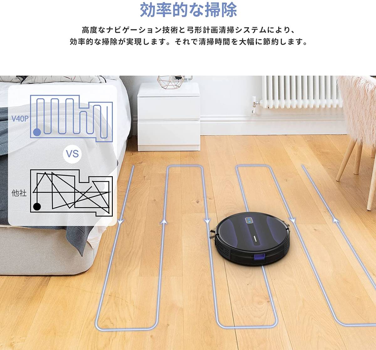 SYSPERL V40P ロボット掃除機 2600Pa 強力吸引 8.1cm超薄型 弓形働く