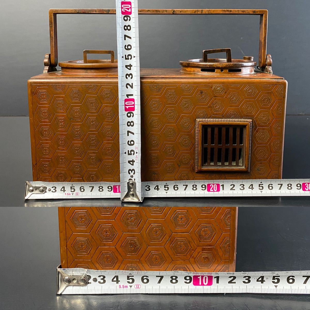 JK082] 時代 細密細工 亀甲紋 手付酒燗器 古銅 銅壷 銅瓶 銅器 古玩 酒