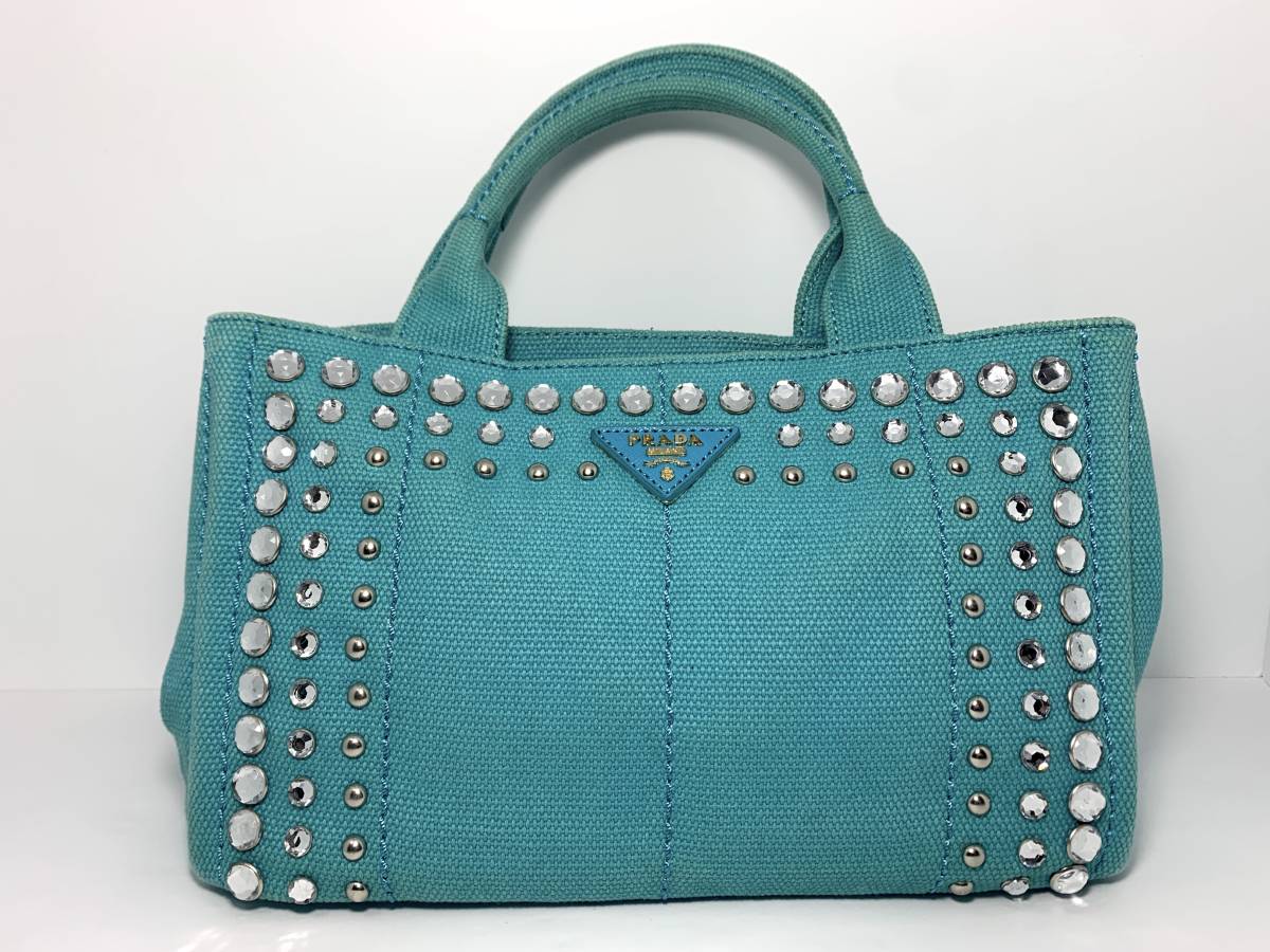 美品》プラダ ハンドバッグ カナパ トートバッグ ブルー 三角ロゴ 白タグ