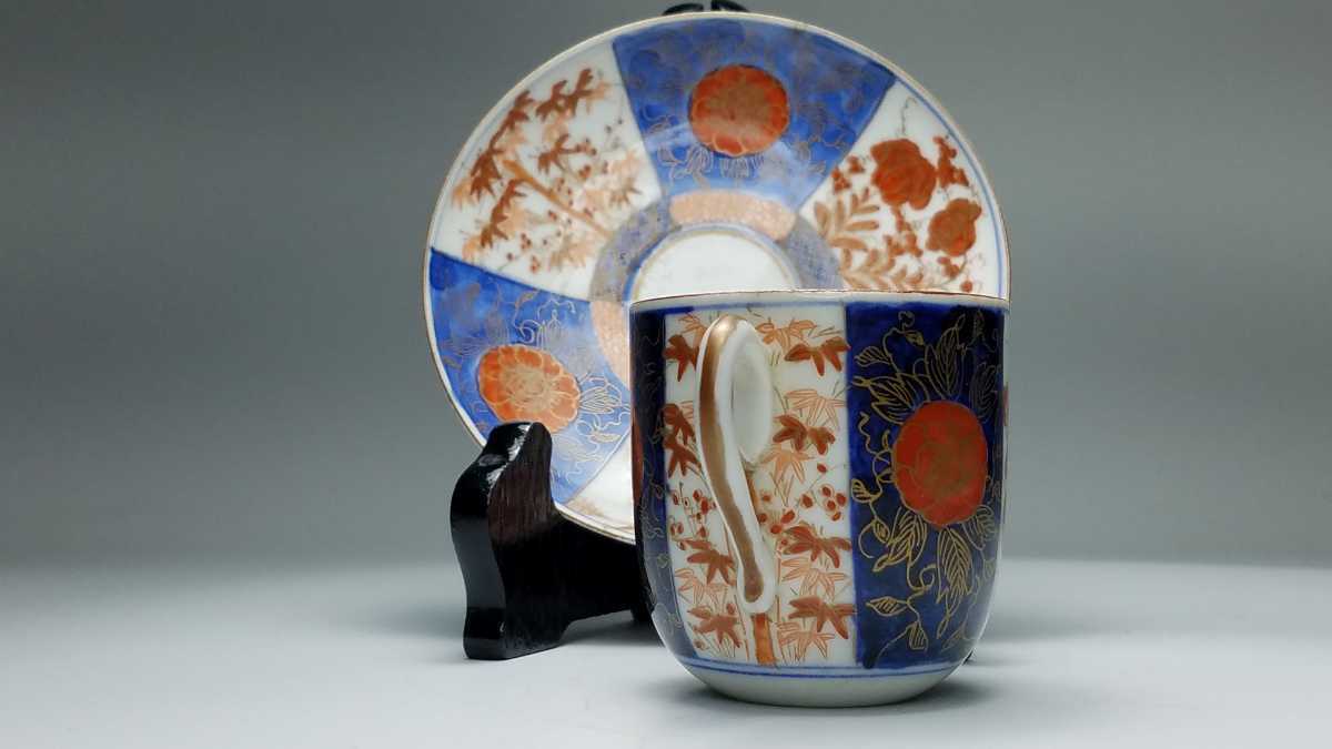 明治期 オールド香蘭社製 色絵 金彩 草花文 デミタスカップ＆ソーサー