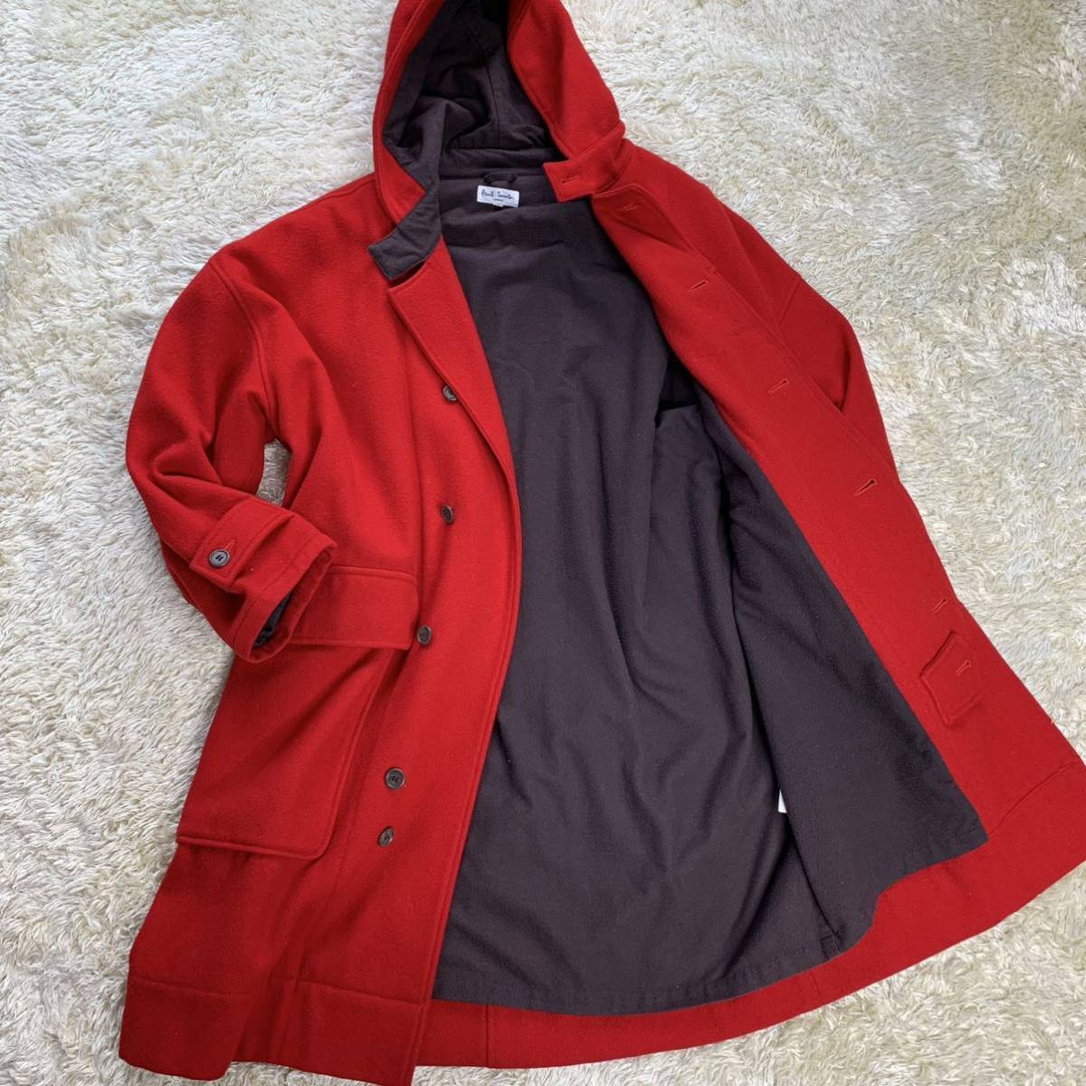 ポールスミス 『大人の遊び心』 Paul Smith LONDON ロング コート ウール Mサイズ ステンカラー フード付 レッド 赤