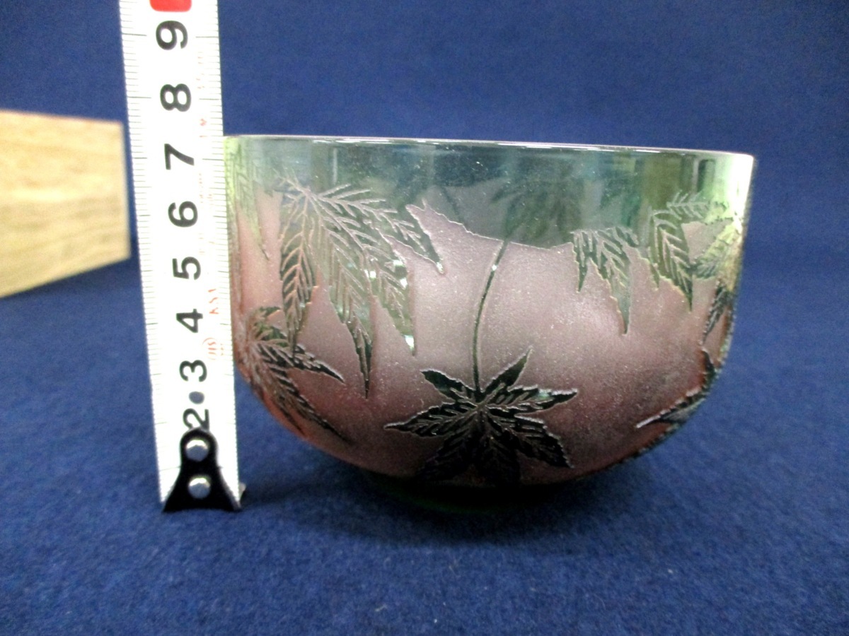C3768 北一硝子「ぎやまん 楓文 茶碗」共箱 栞付き 茶道具 色被せ