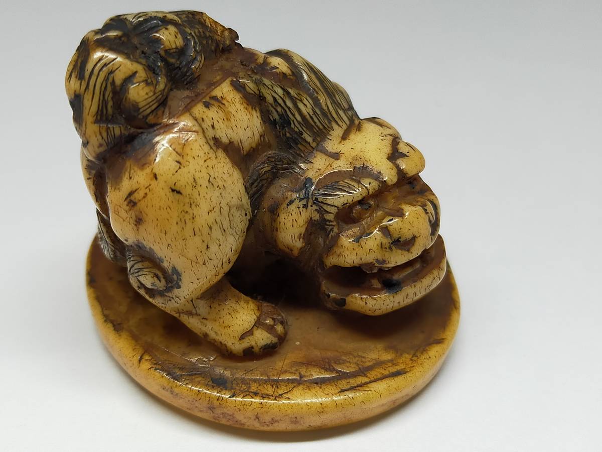 超絶技巧！時代 鹿角彫 獅子 根付 NETSUKE 提物 印籠 成り行き!売り切り!