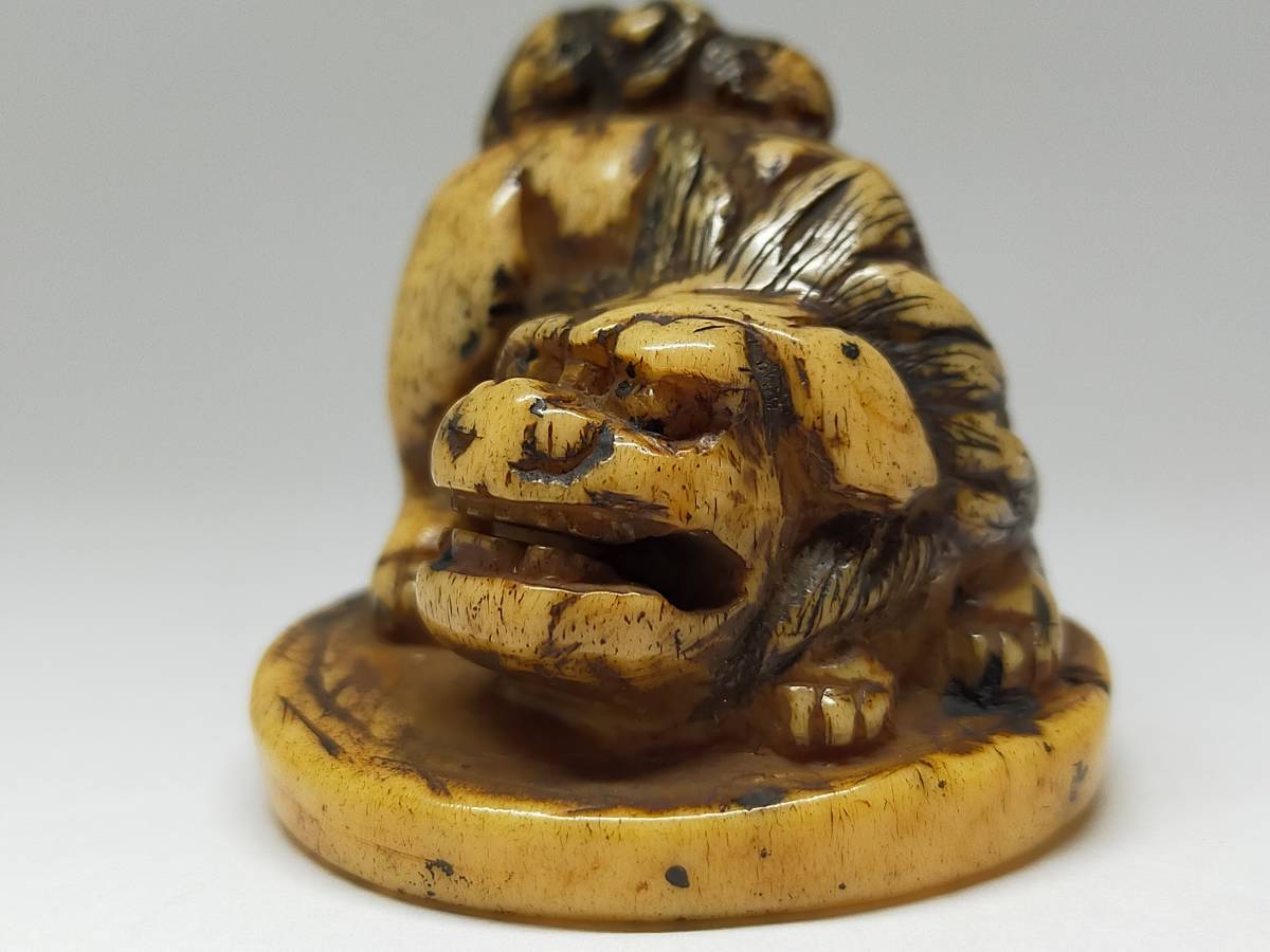 超絶技巧！時代 鹿角彫 獅子 根付 NETSUKE 提物 印籠 成り行き!売り切り!