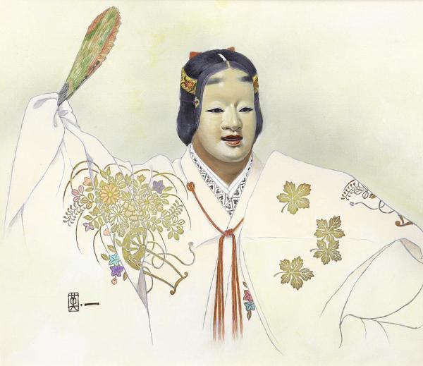 日本画　日本の伝統衣装 油彩画　能楽　能英樹　源氏物語　歌舞伎 真作】【WISH】能英樹「源氏物語 -半蔀-」油彩 10号 ◇能画逸品 〇能画