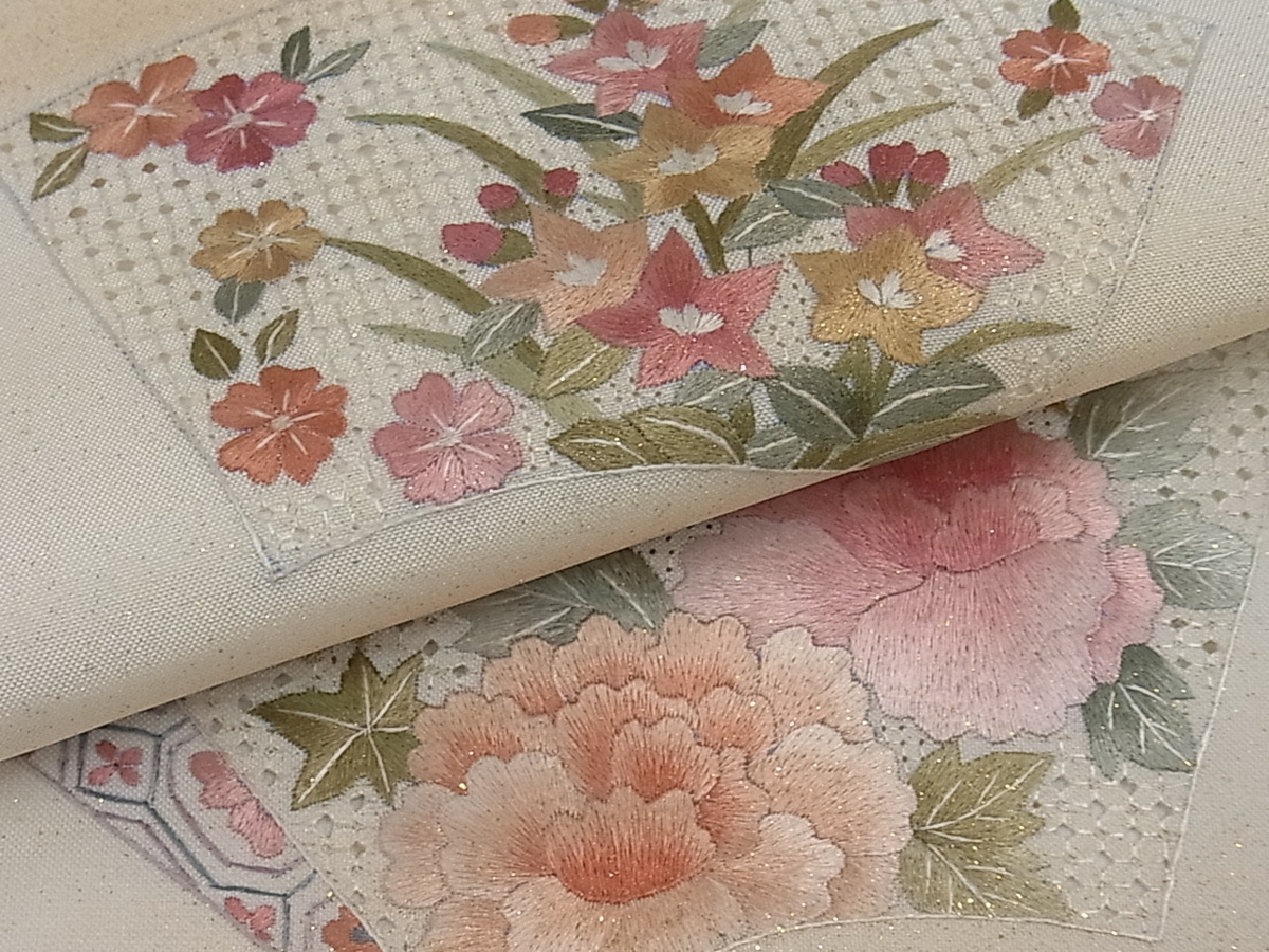 平和屋着物■太鼓柄袋帯　総刺繍　スワトウ刺繍　地紙重ね牡丹楓文　金彩　逸品　ku1596 総刺繍 正絹 太鼓柄袋帯 総絞り 流水花文 DABC3669az