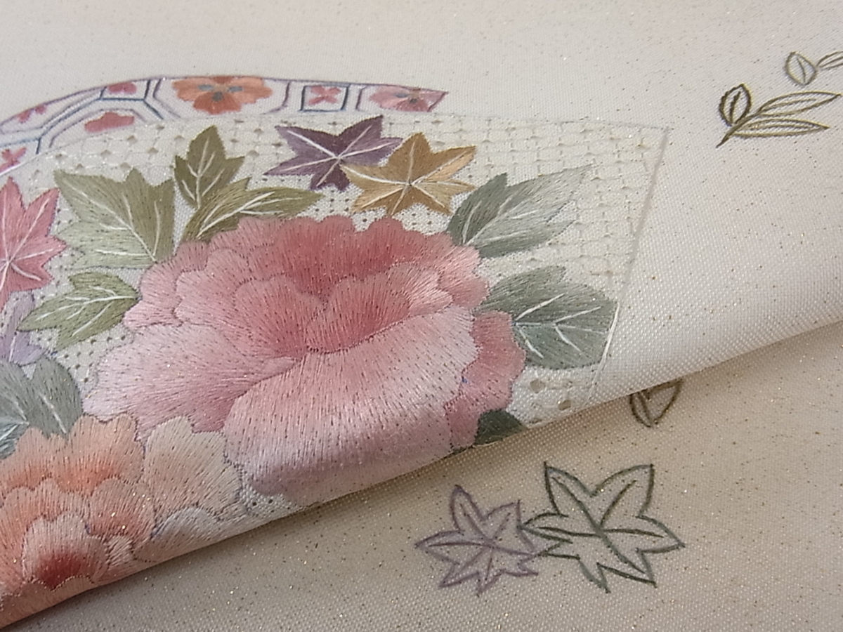 平和屋着物■太鼓柄袋帯　総刺繍　スワトウ刺繍　地紙重ね牡丹楓文　金彩　逸品　ku1596 総刺繍 正絹 太鼓柄袋帯 総絞り 流水花文 DABC3669az
