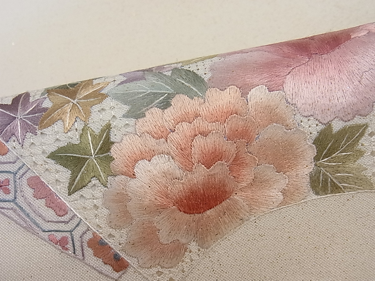 平和屋着物■太鼓柄袋帯　総刺繍　スワトウ刺繍　地紙重ね牡丹楓文　金彩　逸品　ku1596 総刺繍 正絹 太鼓柄袋帯 総絞り 流水花文 DABC3669az