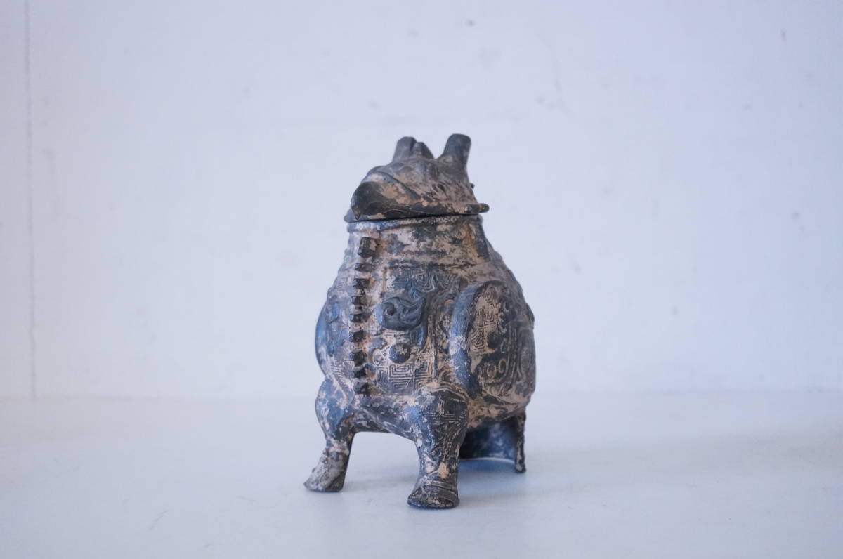 中国古玩 時代物 銅器 古美術品 骨董品 古銅饕餮文獅子摘蓋付