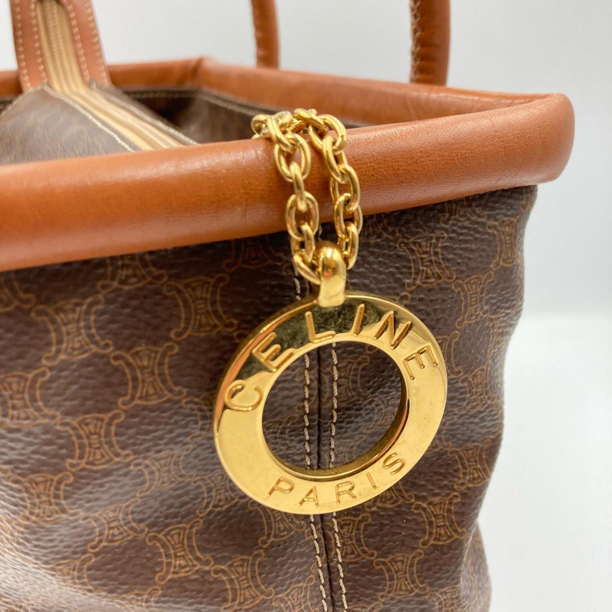 CELINE セリーヌ マカダム柄 ハンドバッグ サークルロゴチャーム ヴィンテージ PVCレザー ブラゾン ハンドバッグ ブラウン系 -