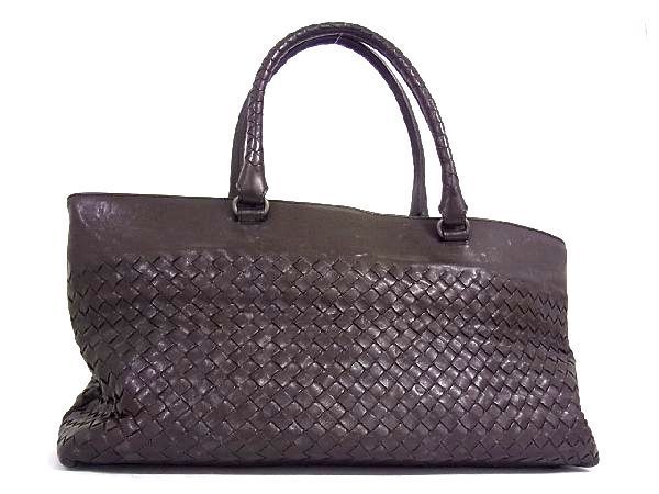 1円 ■美品■ BOTTEGA VENETA ボッテガヴェネタ イントレチャート レザー ハンドバッグ ショルダー トート ダークブラウン系 Z0403fh