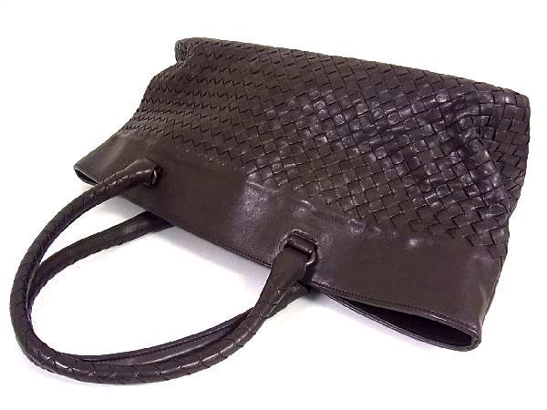 1円 ■美品■ BOTTEGA VENETA ボッテガヴェネタ イントレチャート レザー ハンドバッグ ショルダー トート ダークブラウン系 Z0403fh