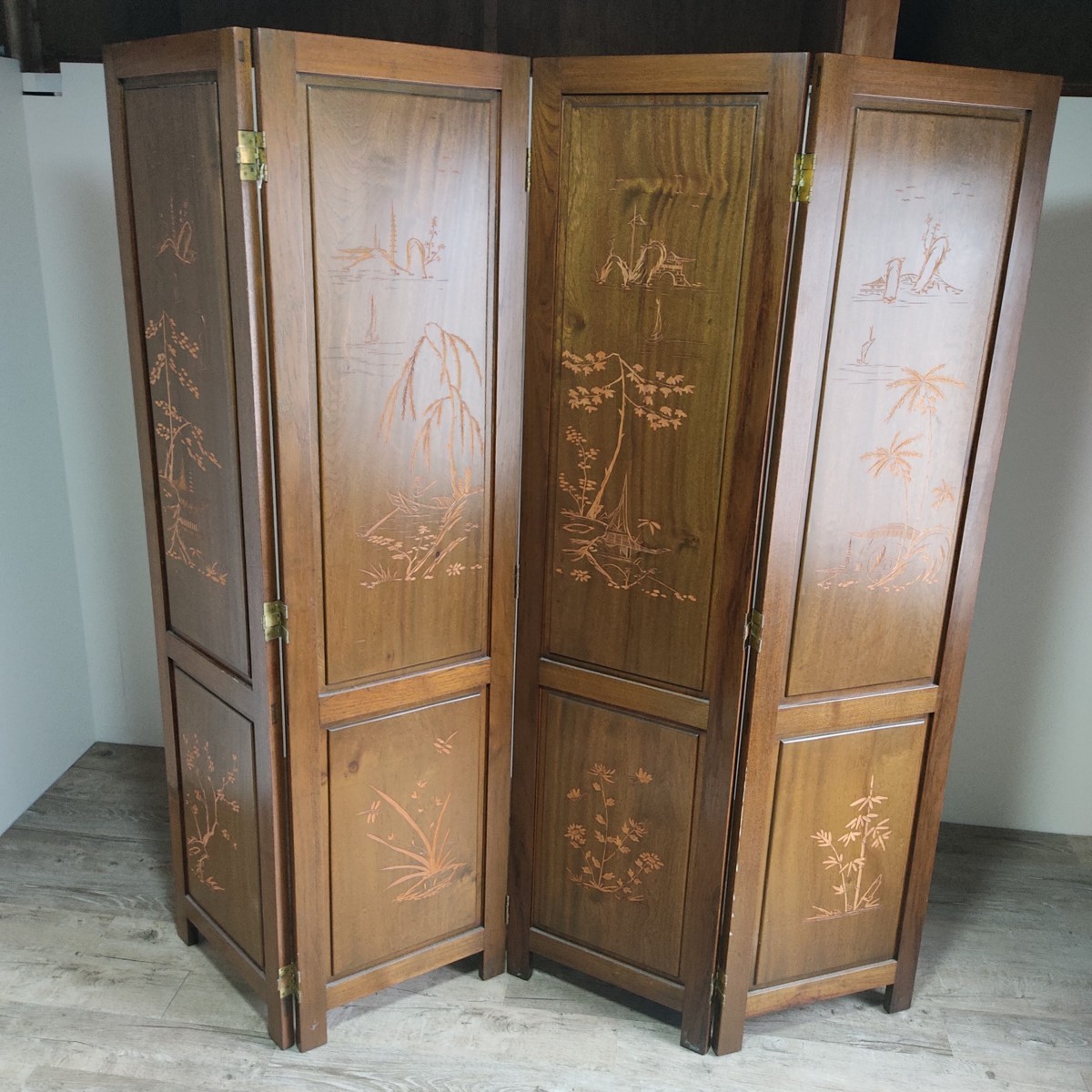 此】中国美術 唐木 豪華 細密木彫刻 4連 無垢材 衝立 両面