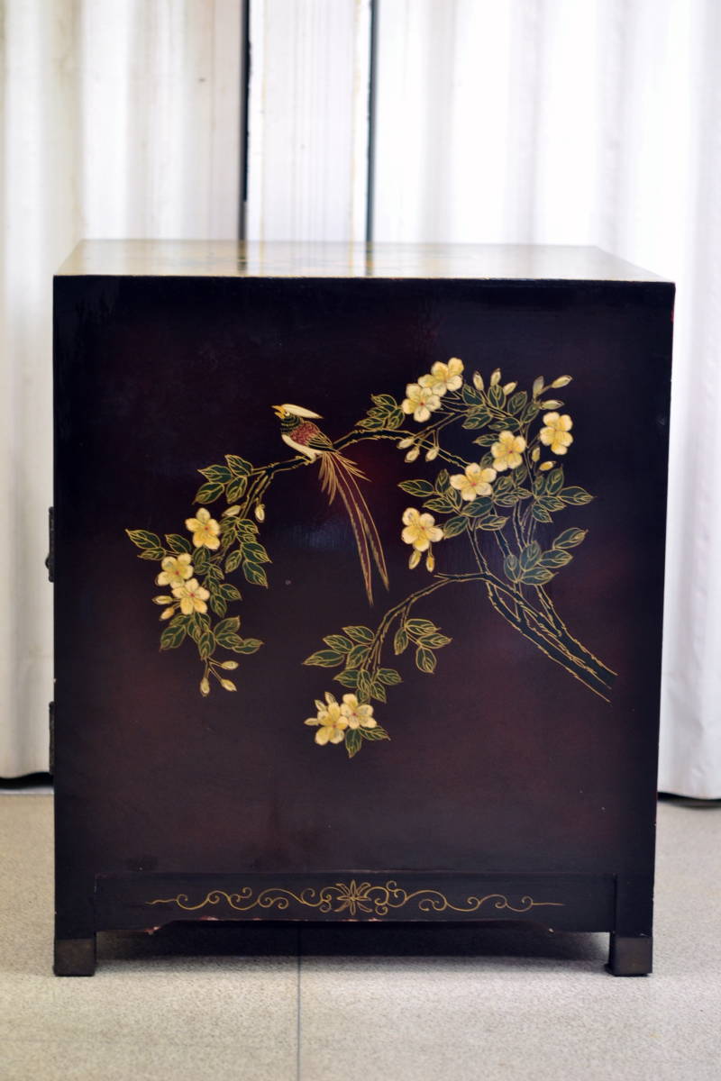 GB83 中国美術家具 箔貼 花鳥図 キャビネット /T3 F) 黒漆 箔貼 中国