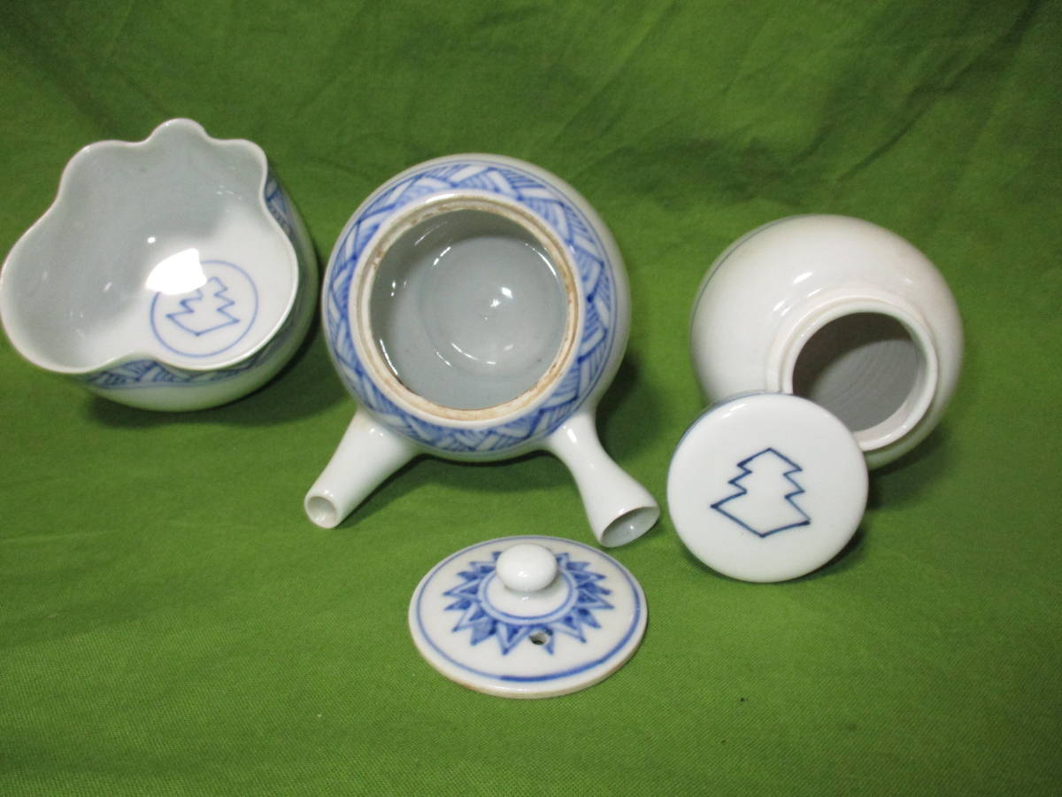 骨董 中陰三階菱の家紋入り茶器 14点 急須 湯冷 茶壺 香合 湯呑 武士 