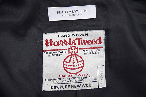 美品 定価￥51840 BEAUTY&YOUTH ビューティアンドユース HARRIS TWEED ハリスツイード チェスター コート M グレー チェック ハリスツイード UNITED 極 キャメルミックス 〈洗える〉 タートルネックニット