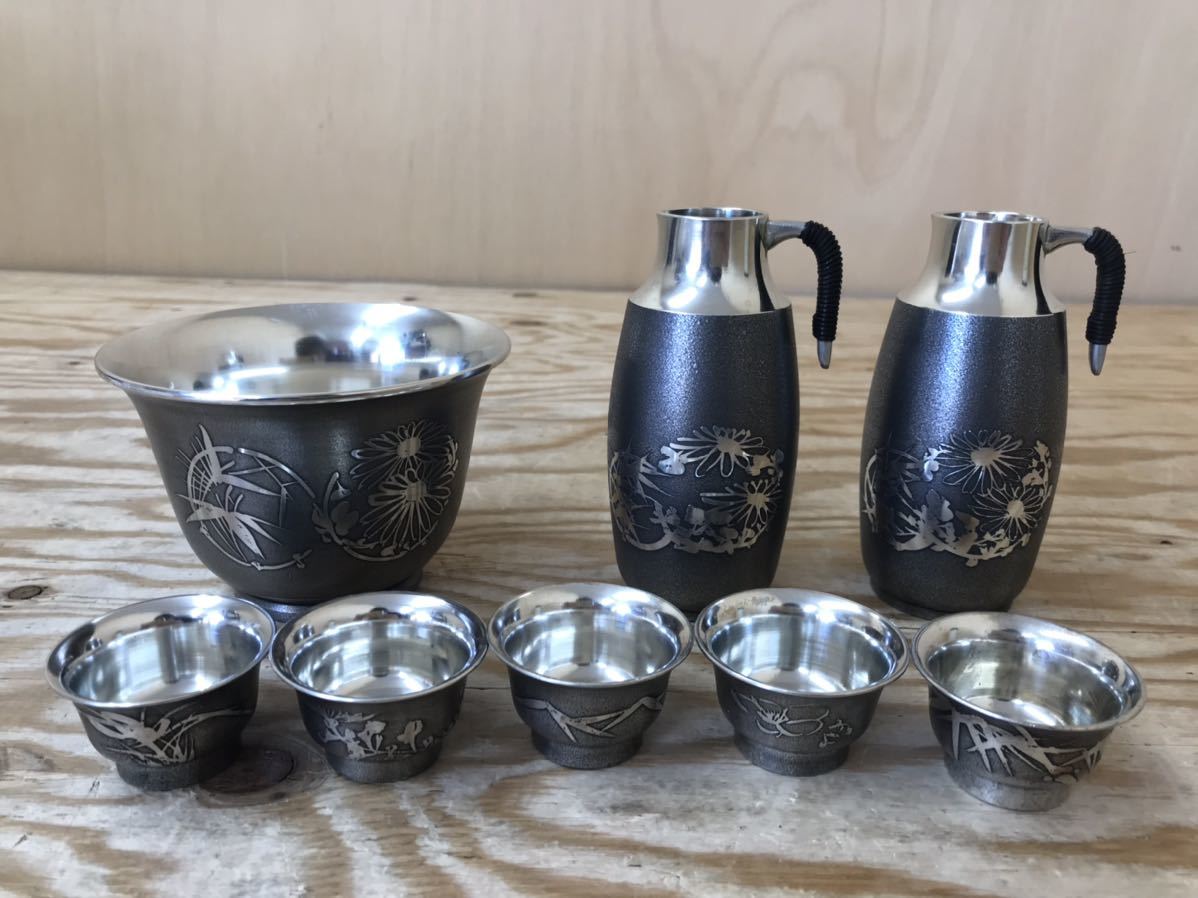 mI 60 錫半　酒器　８点　セット　まとめて　ちろり　盃洗　盃5客　お猪口　徳利　※外箱なし、現状品 ちろり 酒器 | 440ml 2合以上 桐箱