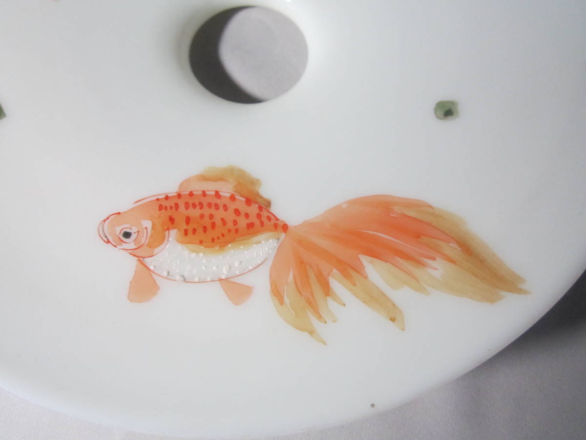 電笠 電傘 乳白ガラス 照明器具 金魚 照明 和物電笠 昭和レトロ ☆レトロ 水草に金魚 - 平型電笠 硝子 (電化製品) 「金魚」照明 0138レトロ