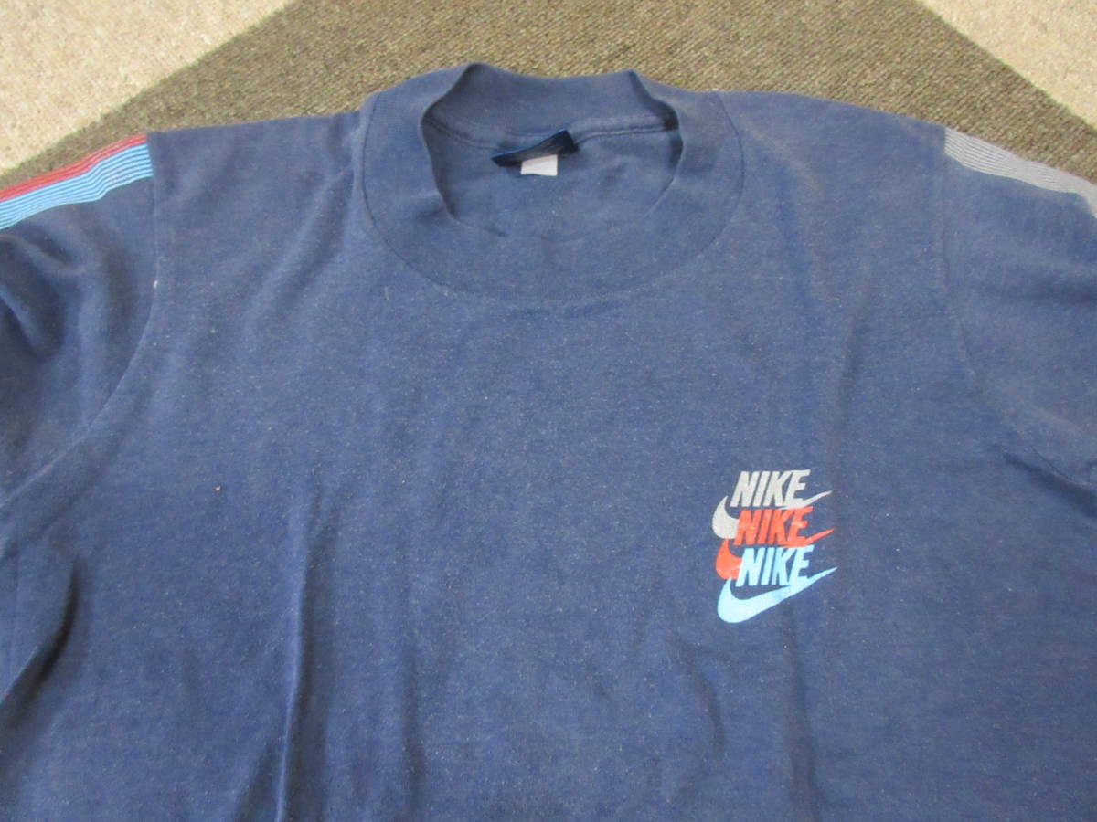 80s NIKE 3連ロゴ Tシャツ ユースL 紺 USA製 袖プリント ビンテージ  