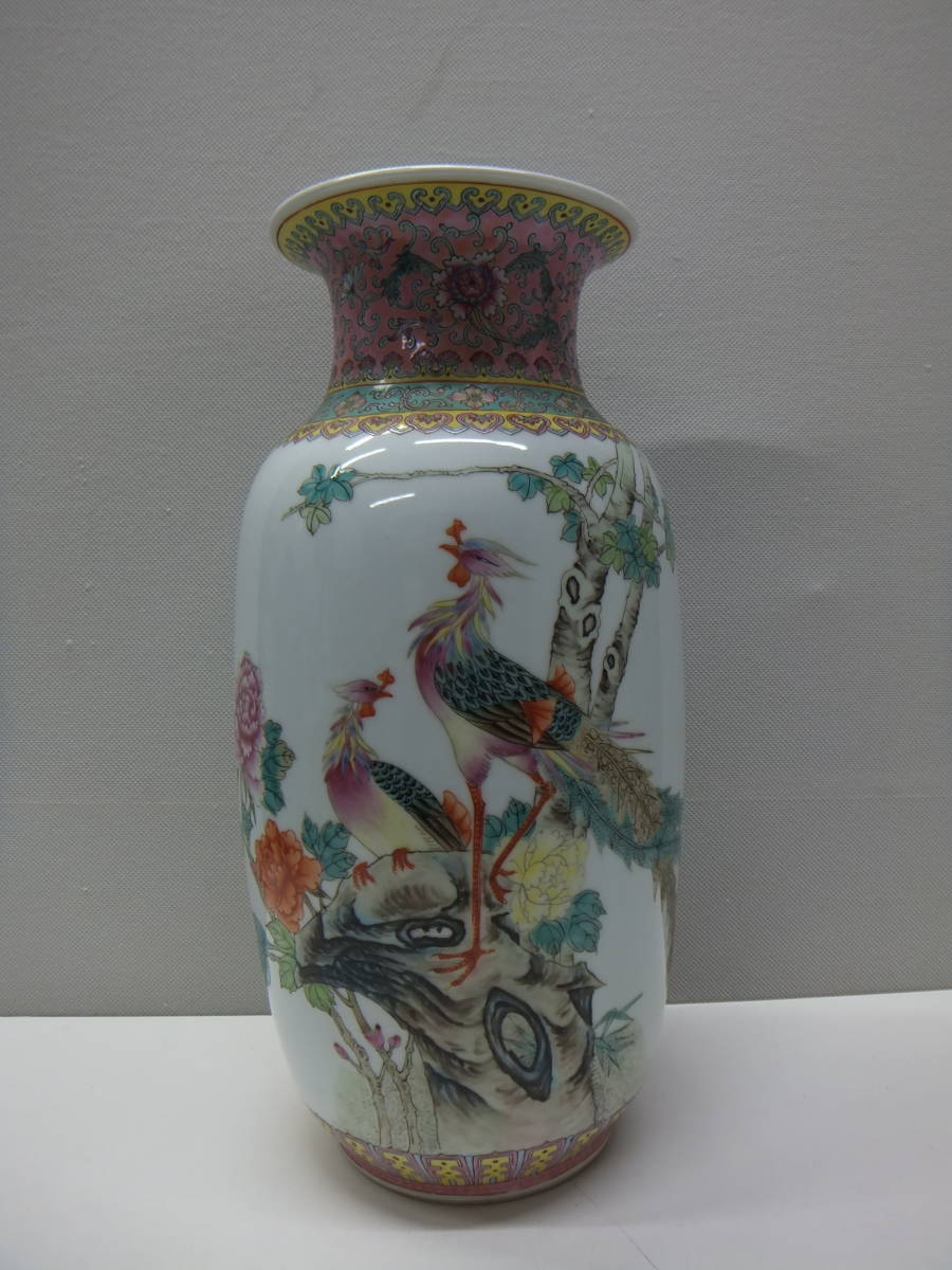 公式通販 中国景徳鎮孔雀絵柄の陶器製フラワーベース特大 中国美術