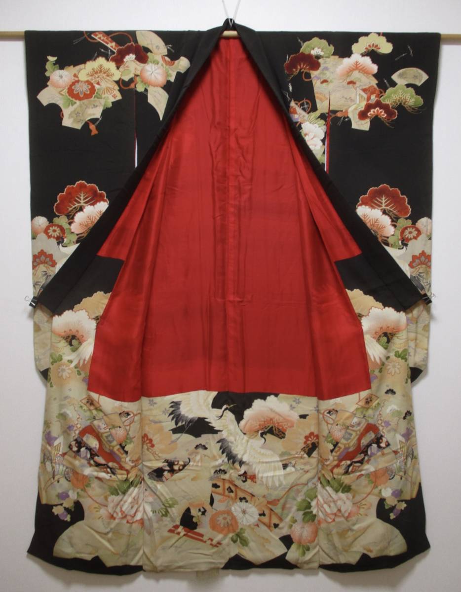 正絹 アンティーク 振袖 / 飛鶴 / 御所車 扇 / 松 菊 牡丹 / 身丈162cm