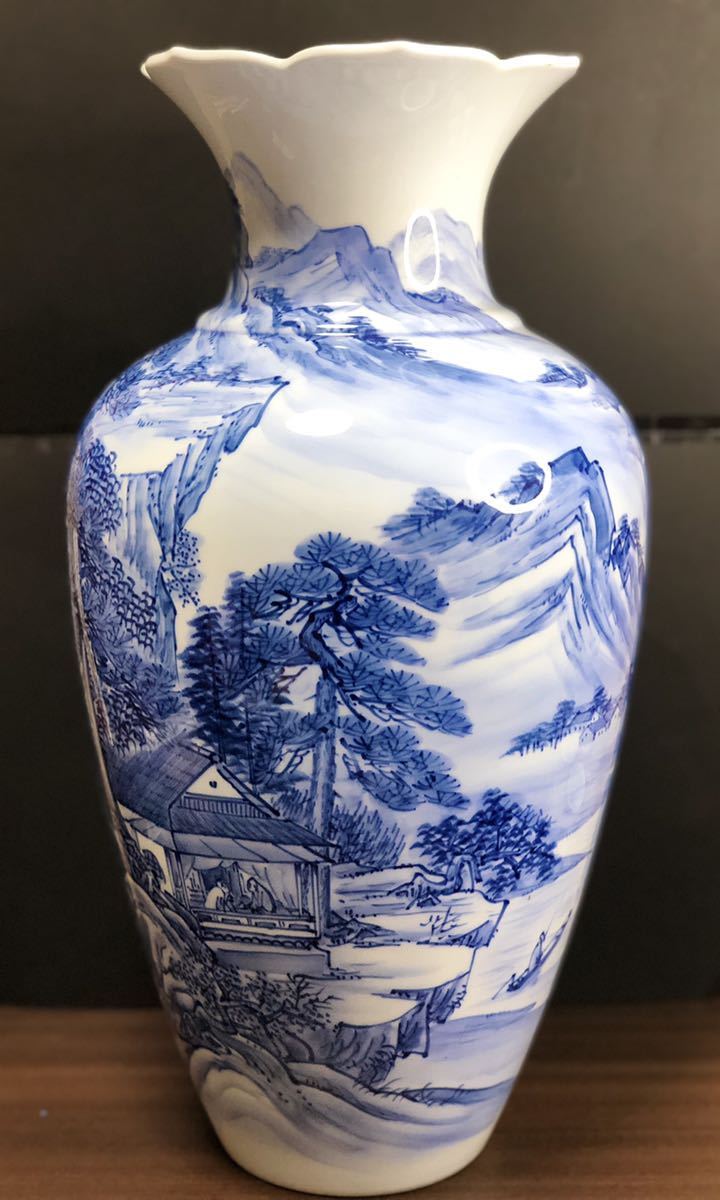 高37cmの大作！有田焼名工『緒方松右衛門』染付山水文 大花瓶 壷 共箱