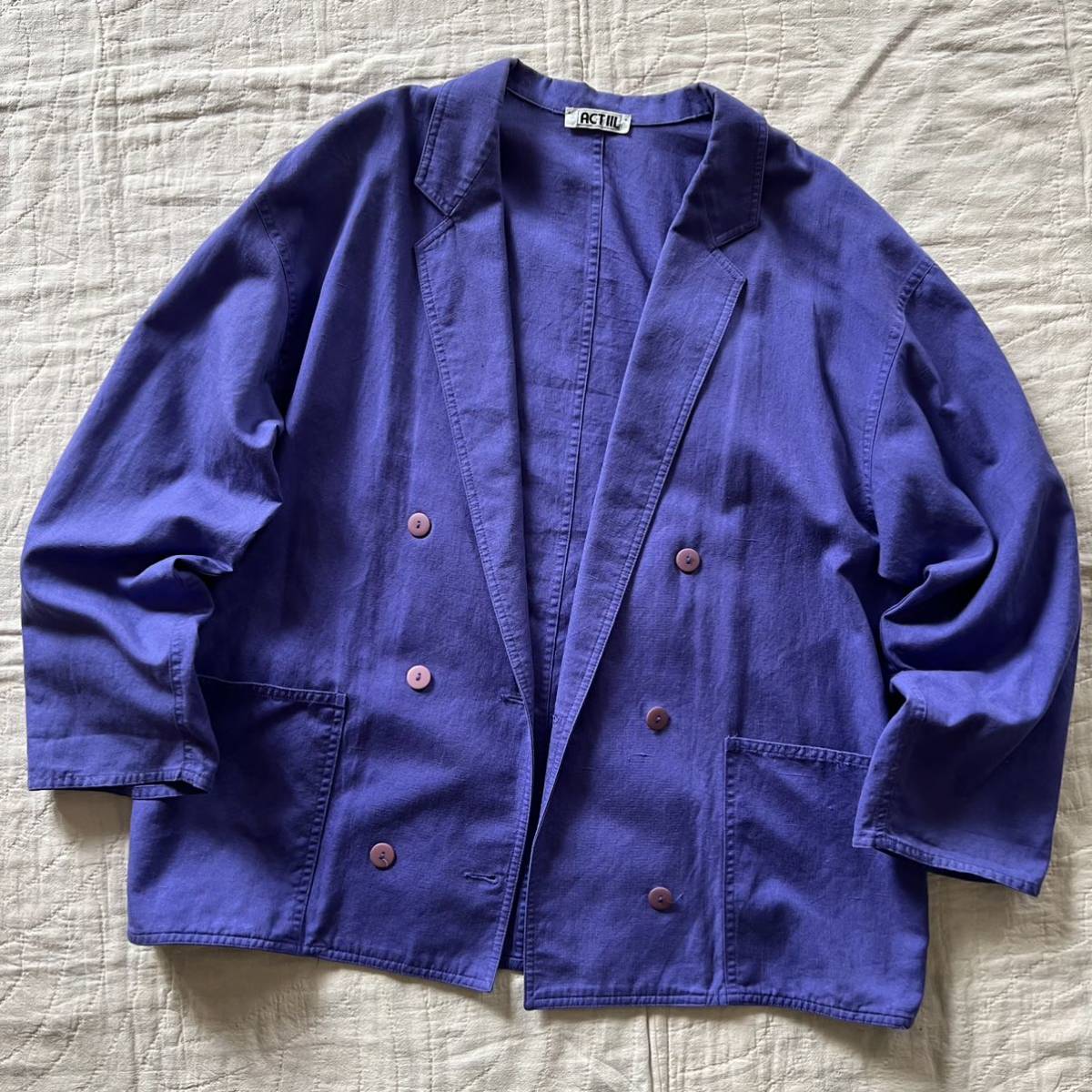 ダブルブレスト リネン コットン ジャケット インディゴ USA古着 