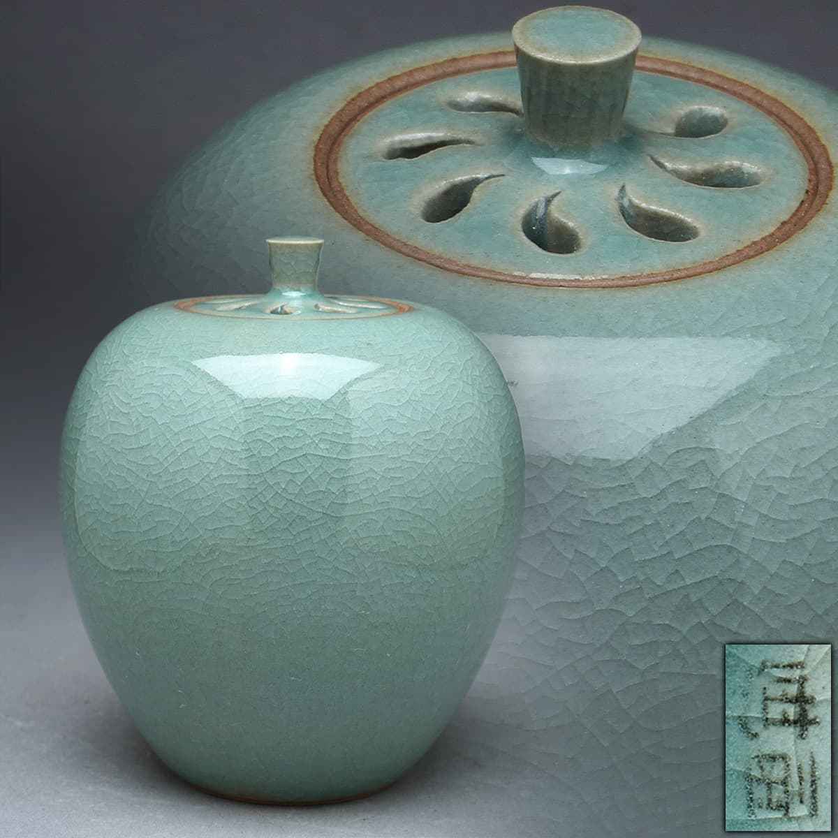 得価，新作登場 EB036 【韓国人間文化財 柳海剛 作(柳根瀅)】高麗青磁香炉