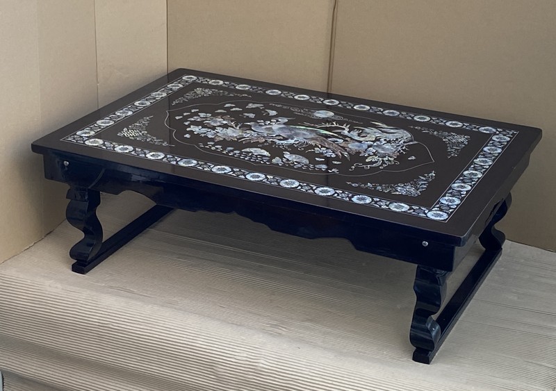 希少【優美蔵出 漆仕上 花鳥螺鈿細工 座卓 折り畳み脚 小座卓 飾