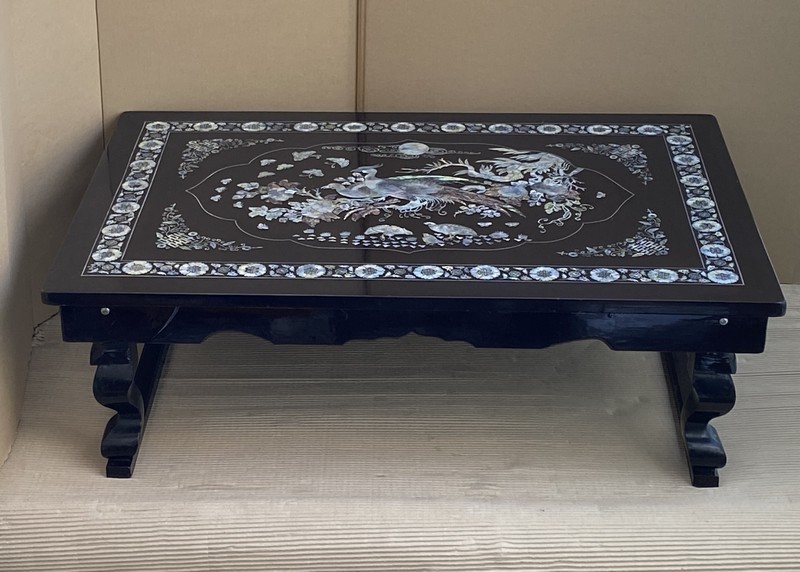 希少【優美蔵出 漆仕上 花鳥螺鈿細工 座卓 折り畳み脚 小座卓 飾