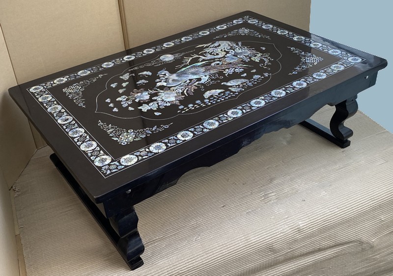 希少【優美蔵出 漆仕上 花鳥螺鈿細工 座卓 折り畳み脚 小座卓 飾