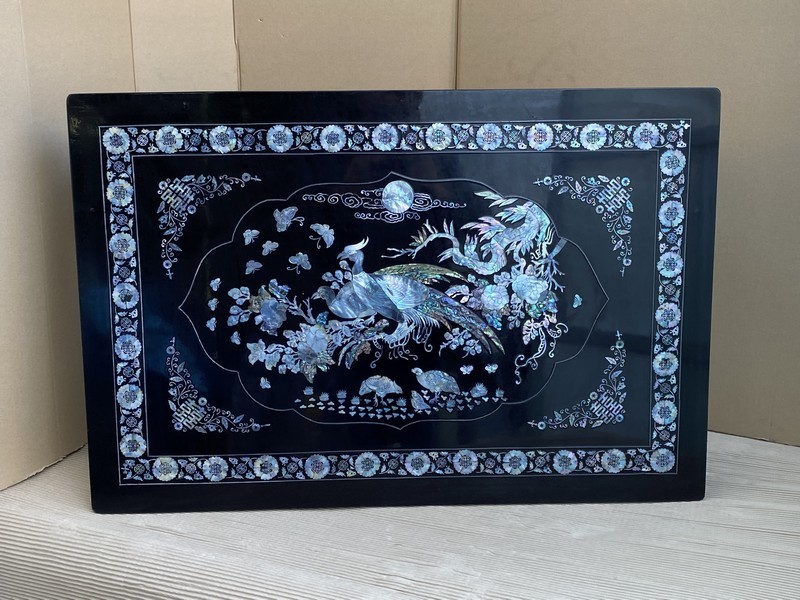 希少【優美蔵出 漆仕上 花鳥螺鈿細工 座卓 折り畳み脚 小座卓 飾