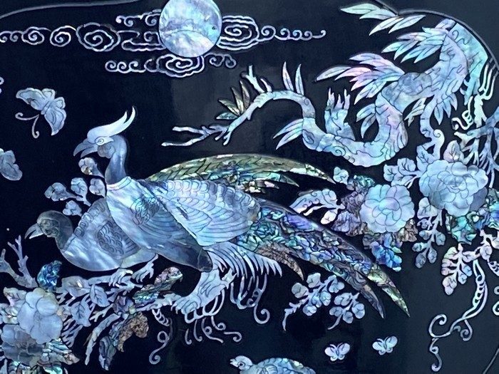 希少【優美蔵出 漆仕上 花鳥螺鈿細工 座卓 折り畳み脚 小座卓 飾