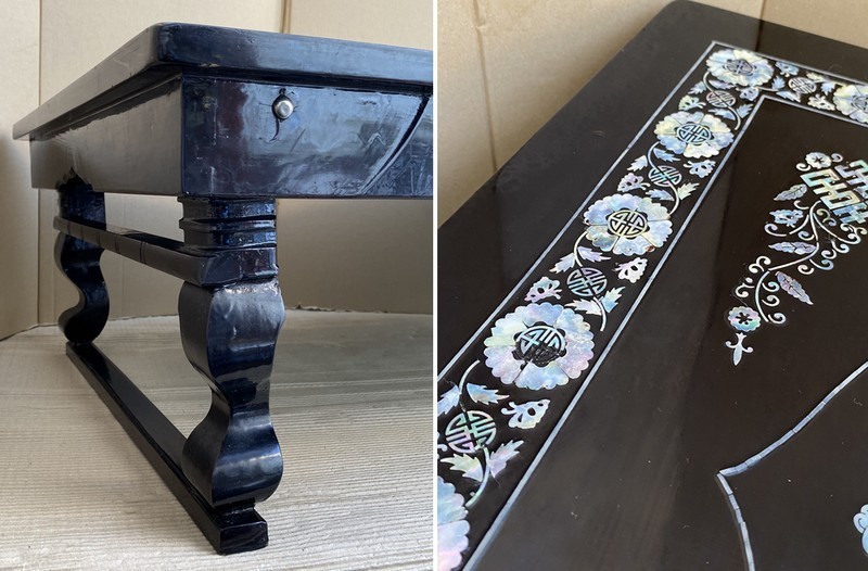 希少【優美蔵出 漆仕上 花鳥螺鈿細工 座卓 折り畳み脚 小座卓 飾台