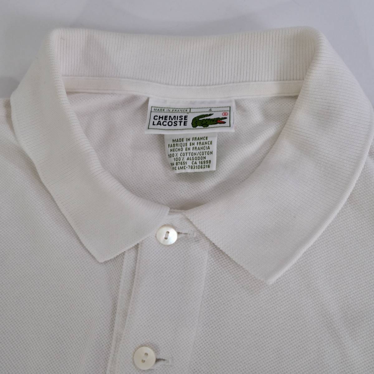 フランス製【 CHEMISE LACOSTE 】ラコステ ビンテージ ポロシャツ 半袖シャツ / ホワイト 白 / 4 / フレラコ ヨーロッパ 古着 LACOSTE フランス製 CHEMISE Polo 紫 長袖