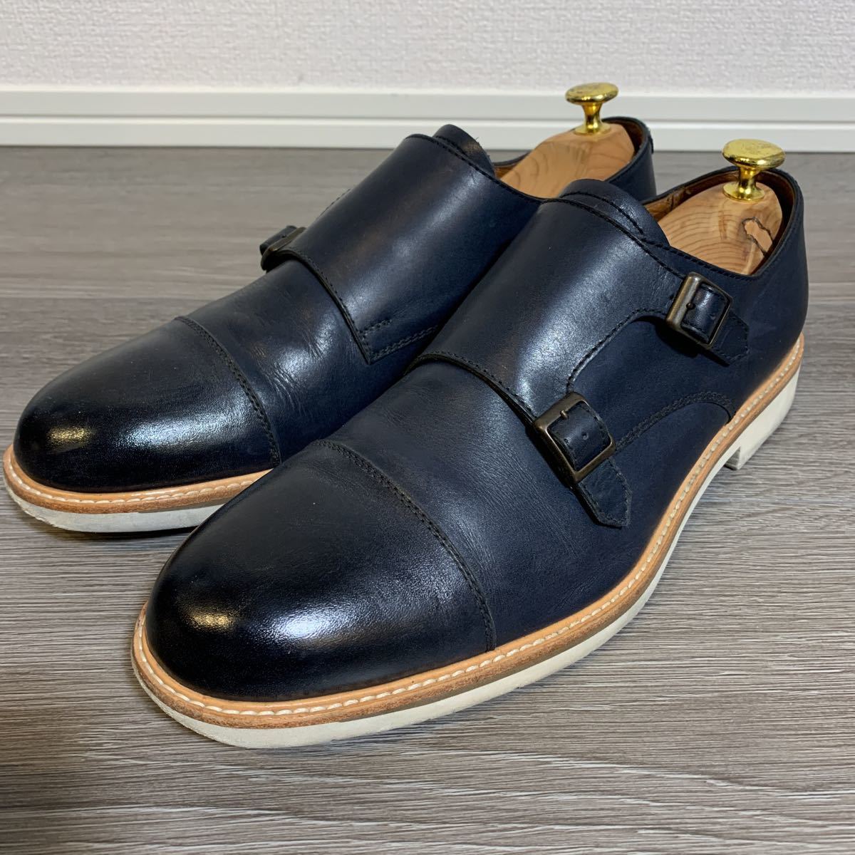 Paul Stuartポールスチュアート ダブルモンク レザースニーカー 革靴 26.5 ネイビー ホワイトソール キャップトゥ NAVY 濃紺 大塚製靴