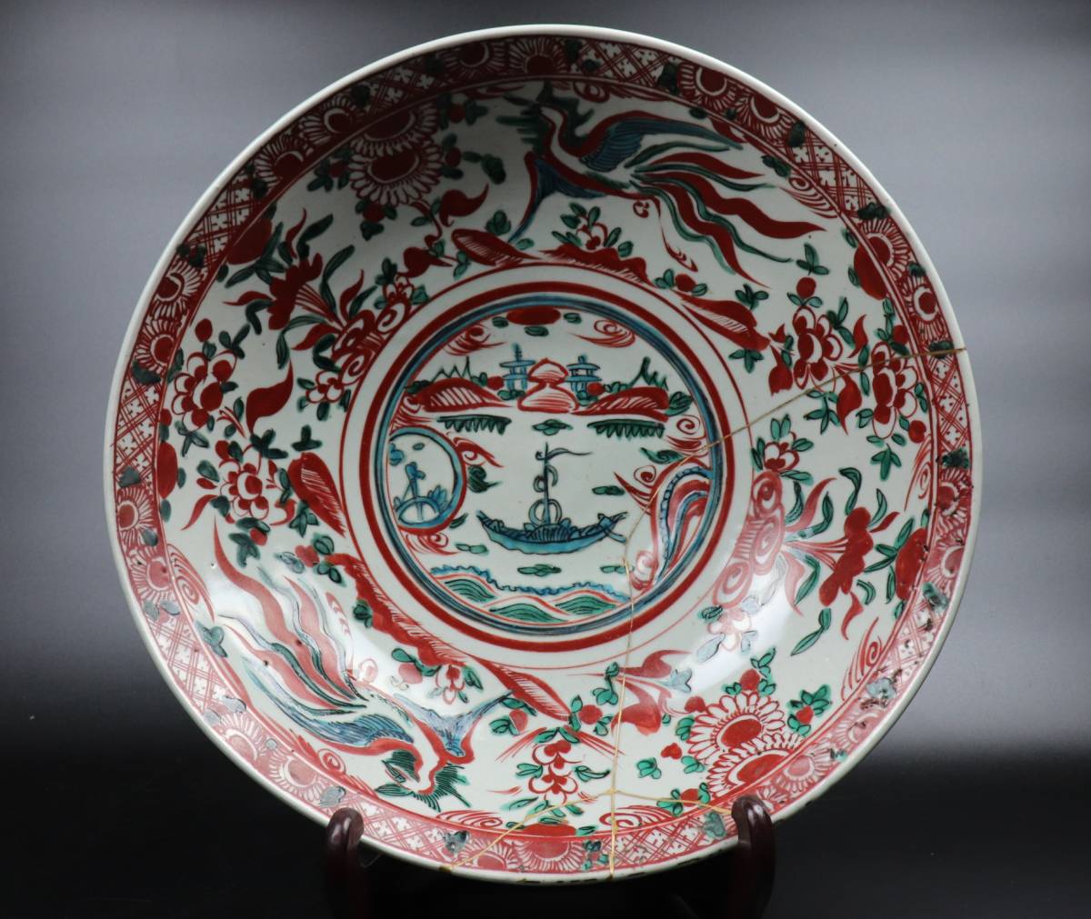 限定SALE，新作登場】 【T659】中国美術 明時代 呉須赤絵 船鳳凰文大鉢 