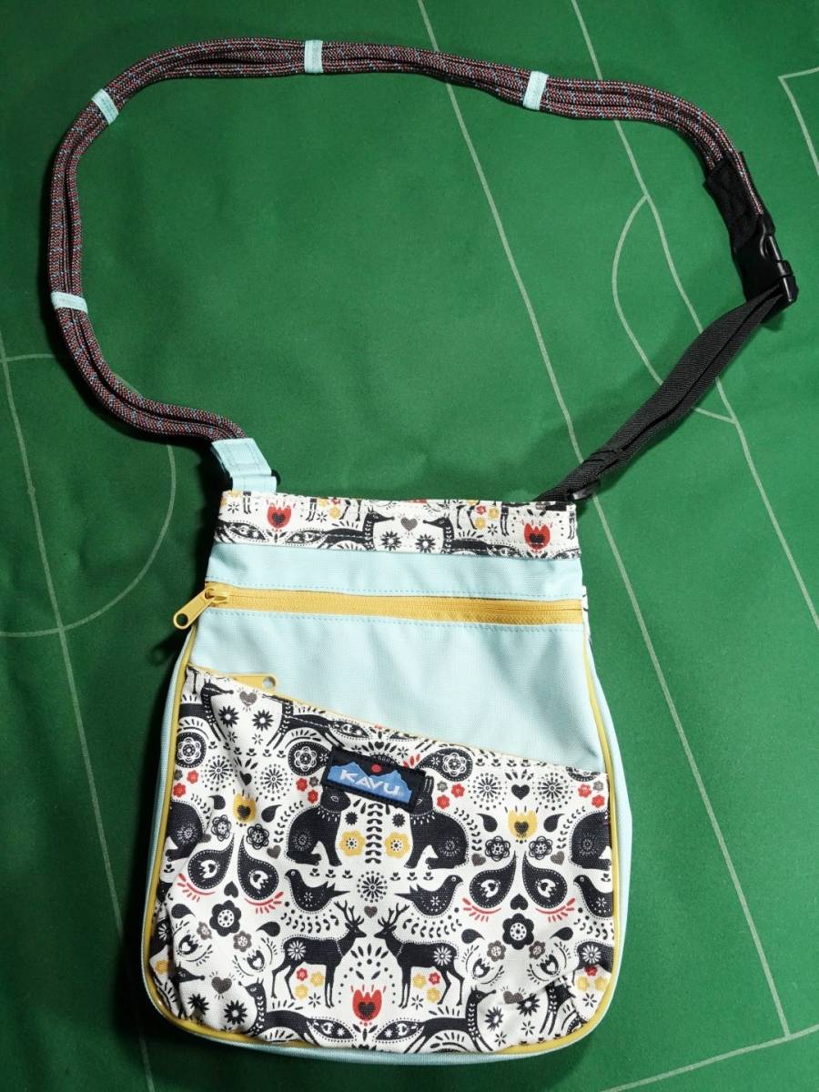 ▲KAVUカブー コットンキャンバス＆ポリエステル素材 クロスボディ ショルダーバッグ サコッシュ ネイティブ柄プリント/サックス 美品!!!▲