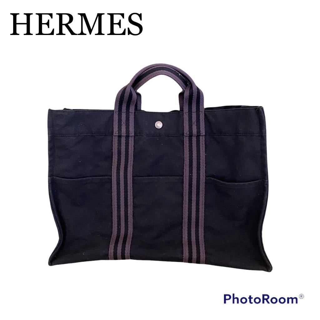 HERMESエルメスフールトゥキャンバスハンドバッグトートバッグブラック